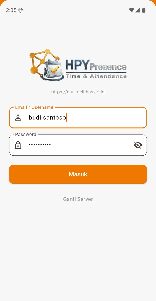 Aplikasi HPYPresence: login dengan akun HPYERP atau sidik jari